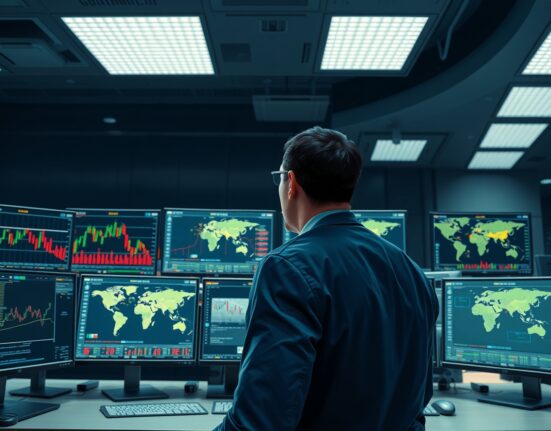 Trader analyzing carry trade currency charts amid geopolitical risk indicators on financial monitors.