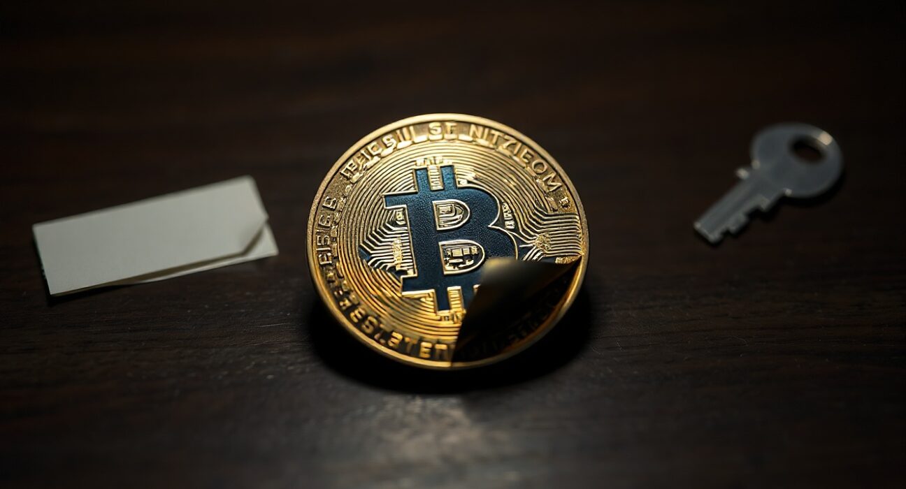 A Casascius physical Bitcoin coin with hologram partially peeled, on a wooden surface.