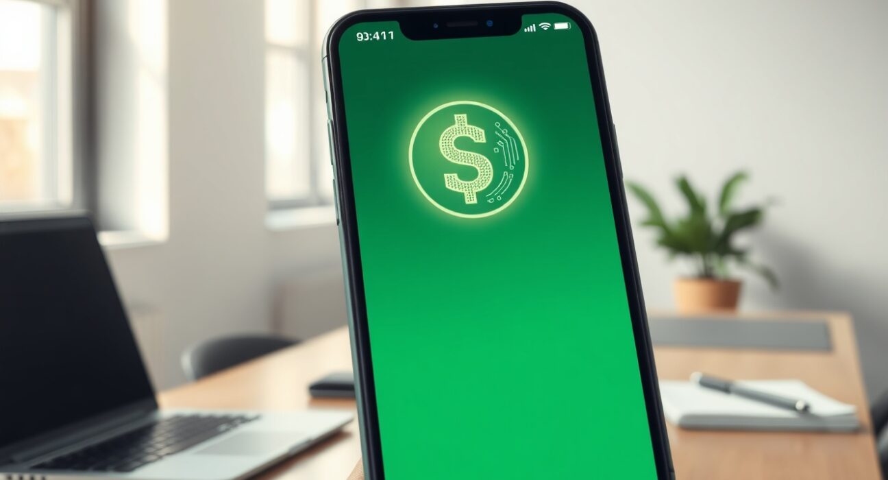 Smartphone displaying Cash App with stablecoin integration for digital payments.
