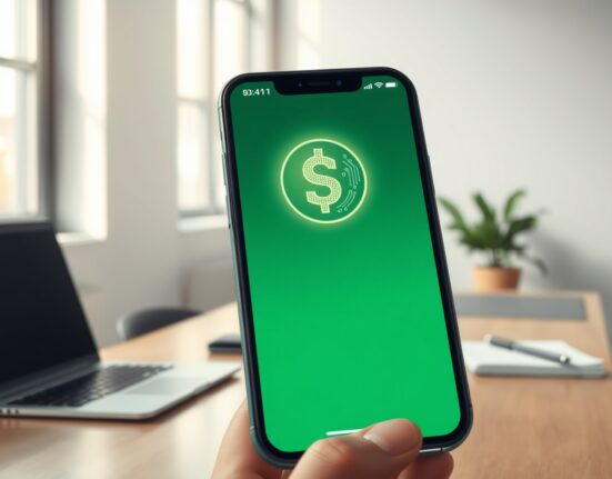 Smartphone displaying Cash App with stablecoin integration for digital payments.