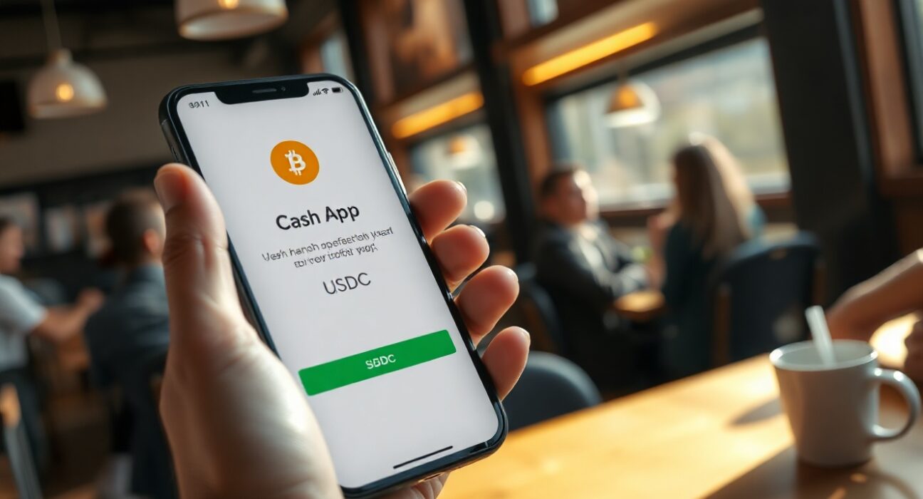 Person using Cash App on smartphone for USDC stablecoin payment