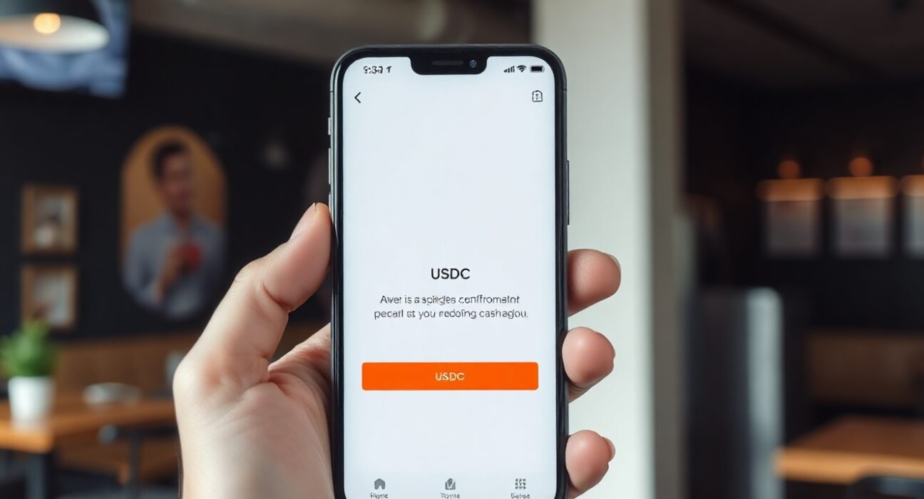 Smartphone showing Cash App USDC transfer interface in a casual setting