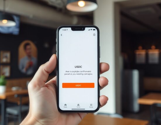 Smartphone showing Cash App USDC transfer interface in a casual setting