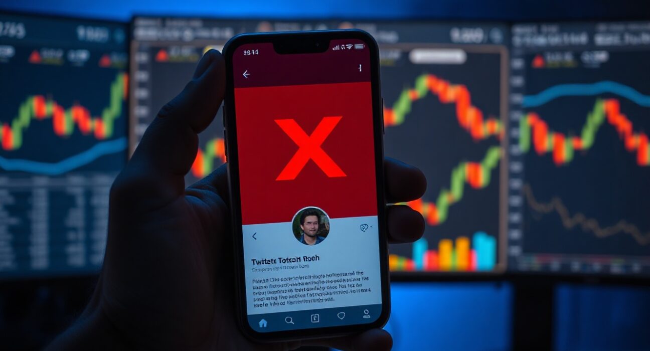 Smartphone displaying a hacked X account with a security warning overlay