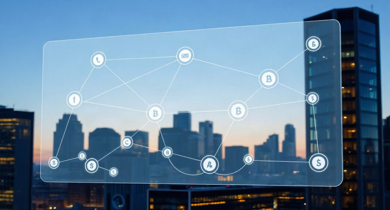 Frankfurt skyline with a holographic blockchain network display representing Cashlink's Avalanche integration