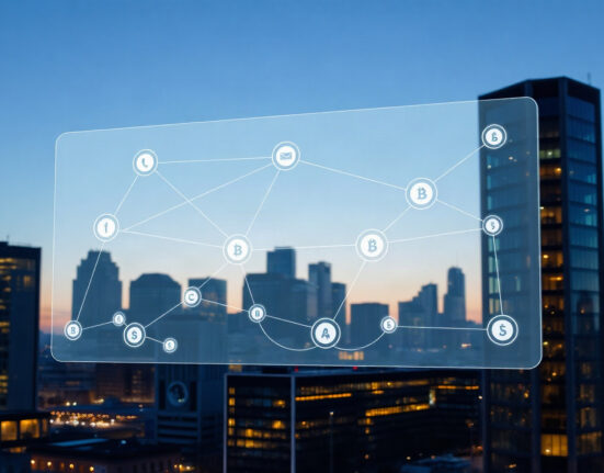 Frankfurt skyline with a holographic blockchain network display representing Cashlink's Avalanche integration