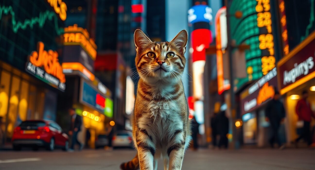 Cat in a Dogs World (MEW) token price prediction illustration with a cat in a city setting