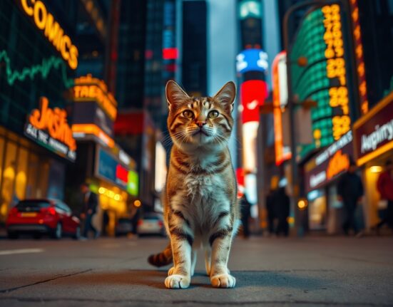 Cat in a Dogs World (MEW) token price prediction illustration with a cat in a city setting