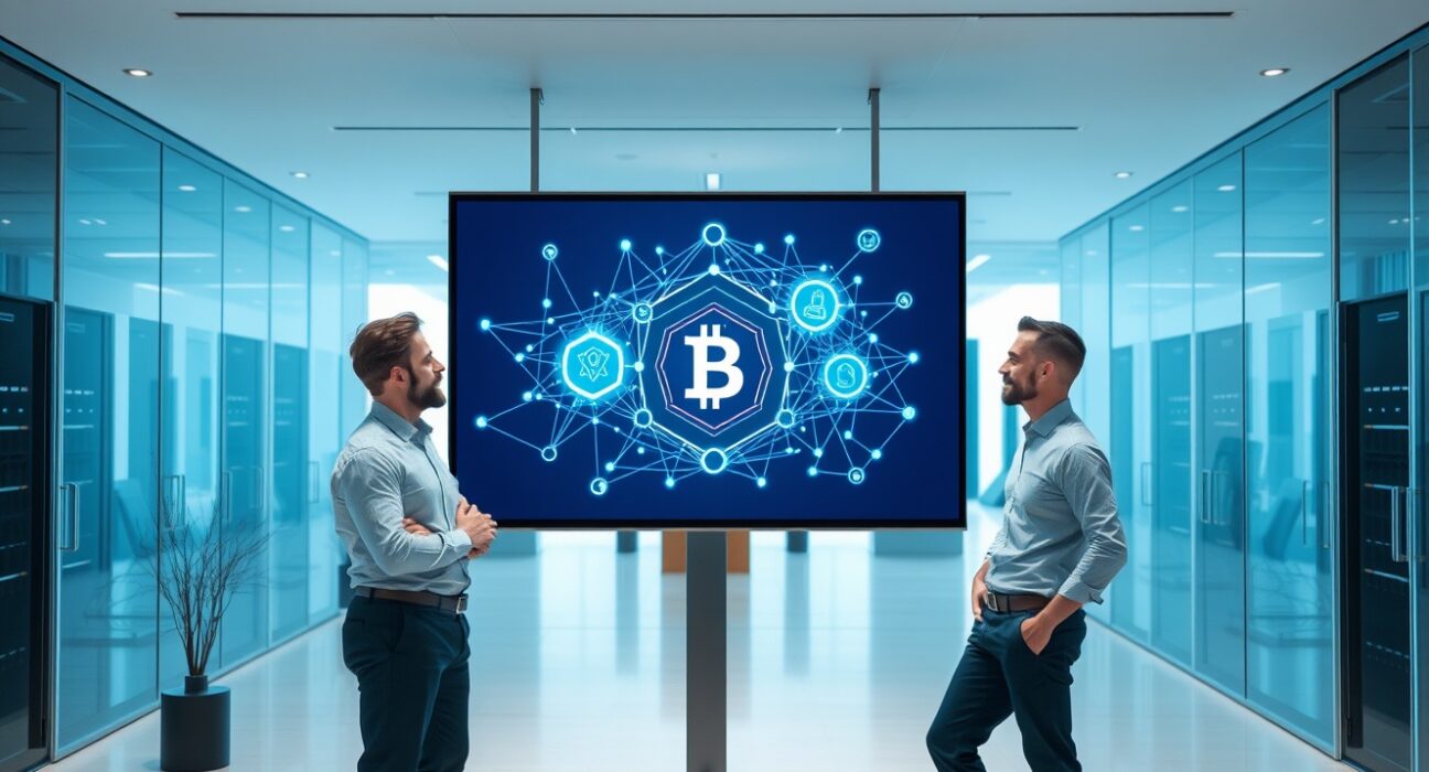 Team of professionals reviewing blockchain and AI agent transaction network on a digital screen in a modern fintech office.