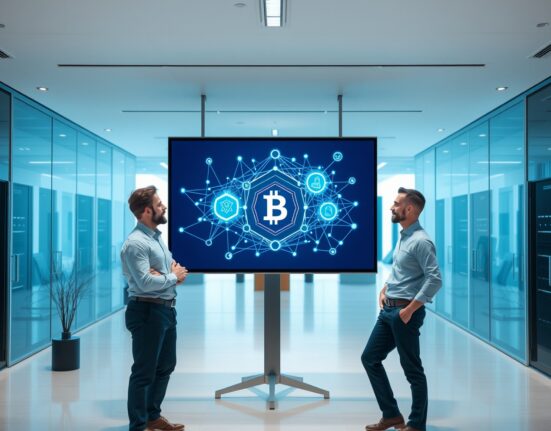 Team of professionals reviewing blockchain and AI agent transaction network on a digital screen in a modern fintech office.