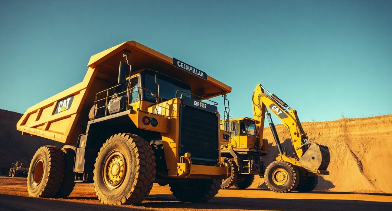 Caterpillar mining trucks working at a large open-pit mine under a clear sky