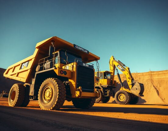 Caterpillar mining trucks working at a large open-pit mine under a clear sky