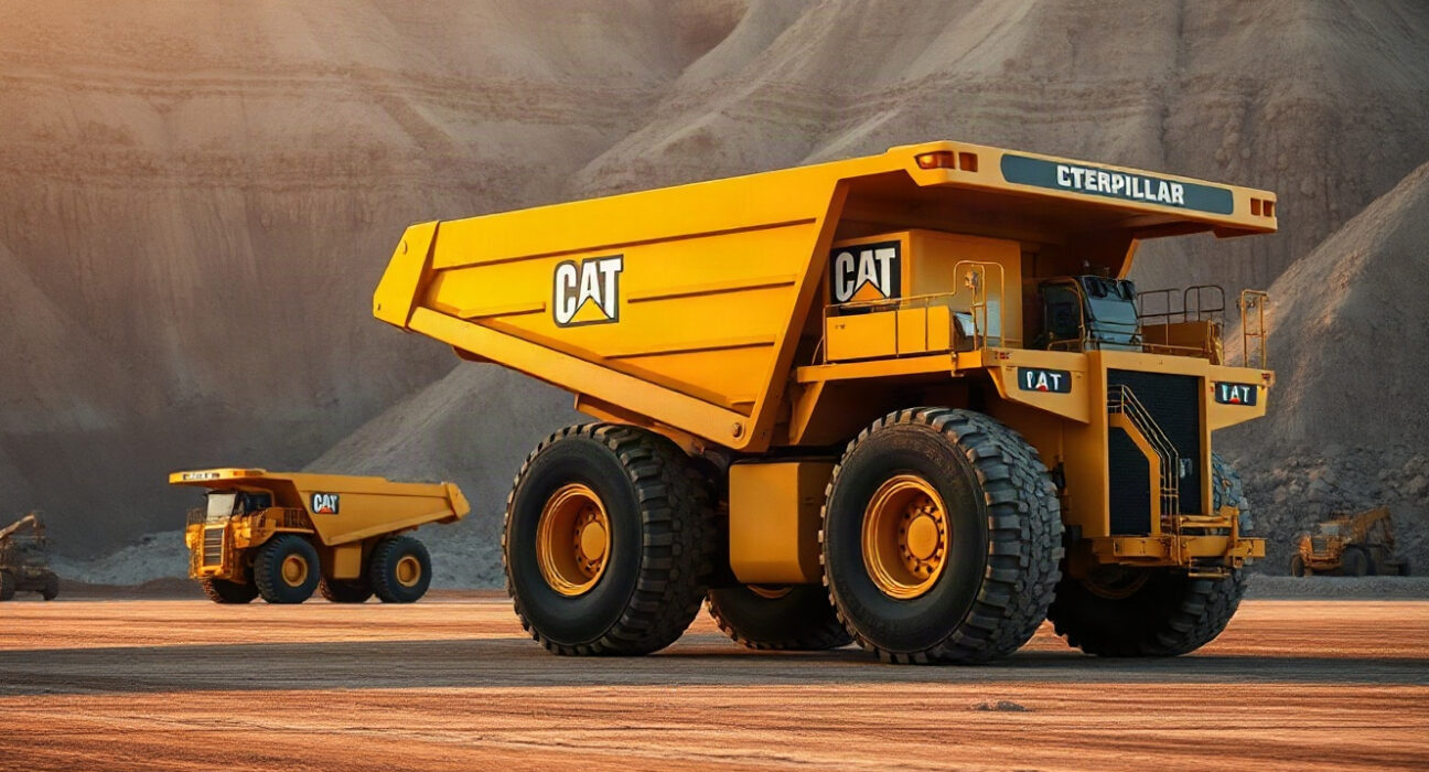 Caterpillar autonomous mining truck in an open-pit mine at sunset