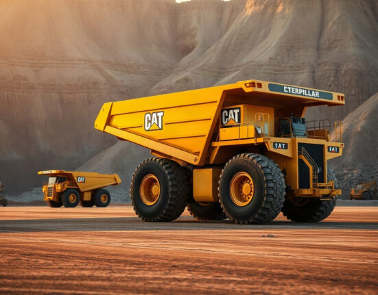 Caterpillar autonomous mining truck in an open-pit mine at sunset