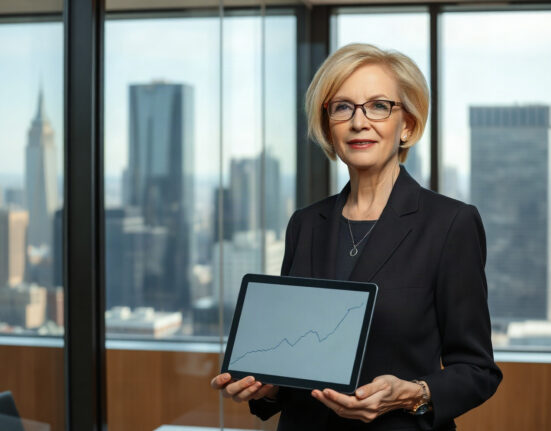 Cathie Wood, CEO of ARK Invest, in a professional setting with a financial chart in the background