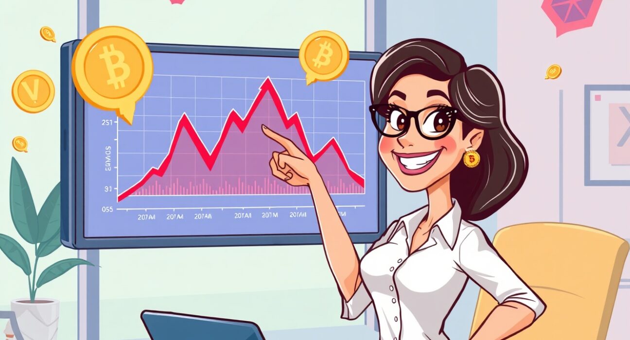 Hopeful cartoon analyst pointing to a Bitcoin bottom on a vibrant price chart.