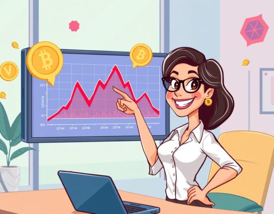 Hopeful cartoon analyst pointing to a Bitcoin bottom on a vibrant price chart.