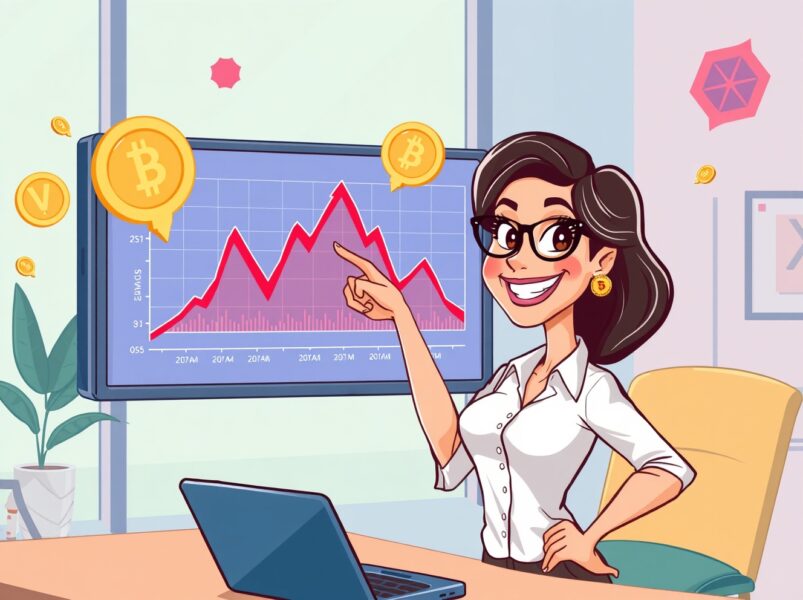Hopeful cartoon analyst pointing to a Bitcoin bottom on a vibrant price chart.