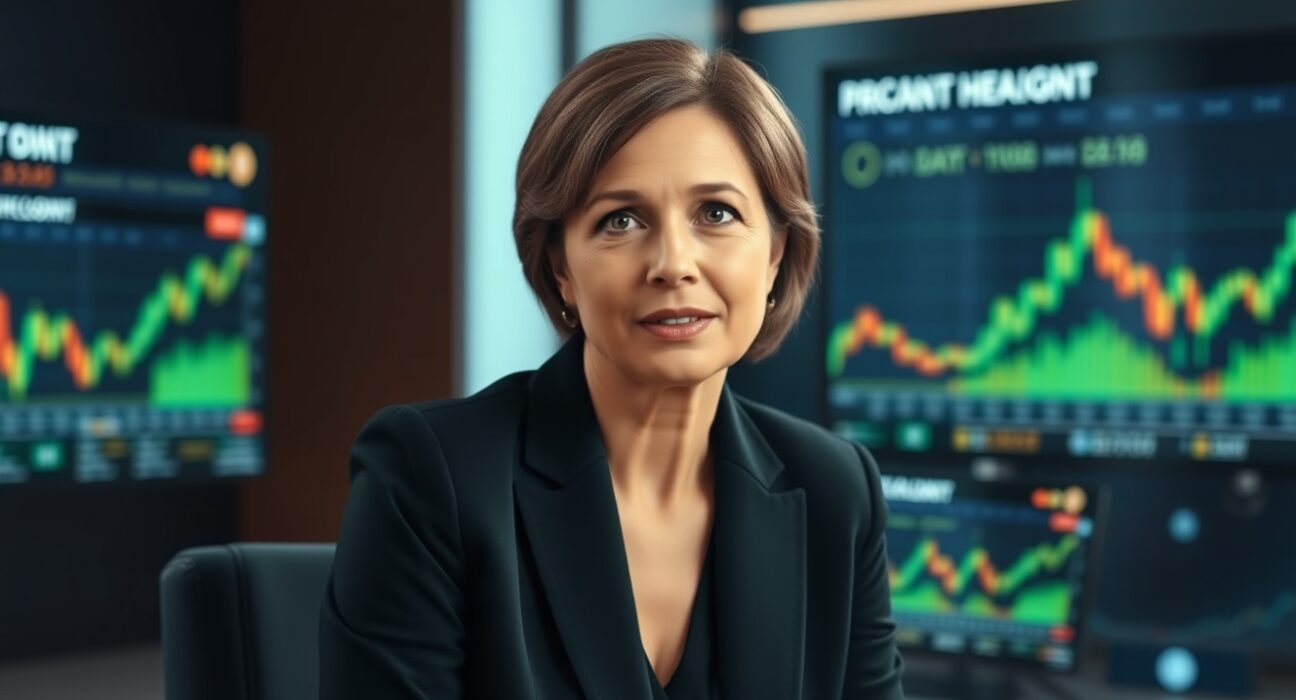 Cathie Wood speaking in a studio with Bitcoin charts in background