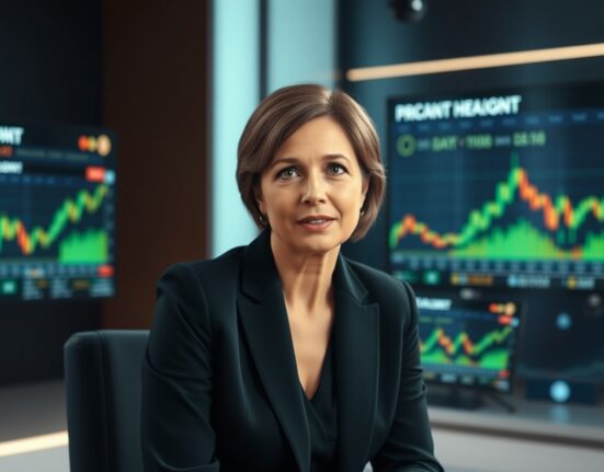 Cathie Wood speaking in a studio with Bitcoin charts in background