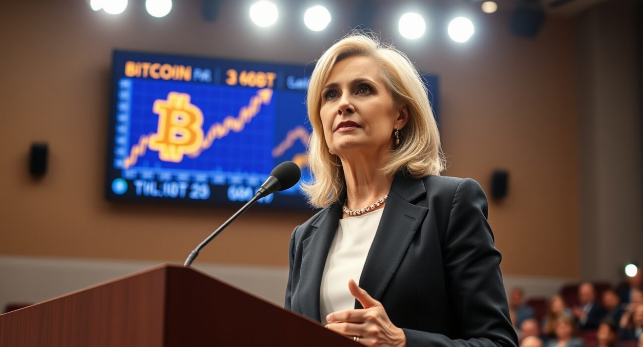 Cathie Wood speaking at a conference with a Bitcoin price chart on screen behind her