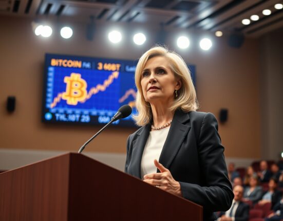Cathie Wood speaking at a conference with a Bitcoin price chart on screen behind her