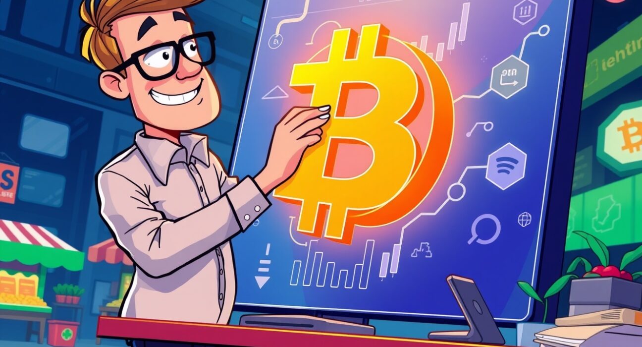 Analyst adjusting Bitcoin price target in a vibrant financial scene