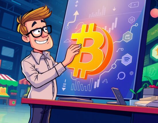 Analyst adjusting Bitcoin price target in a vibrant financial scene