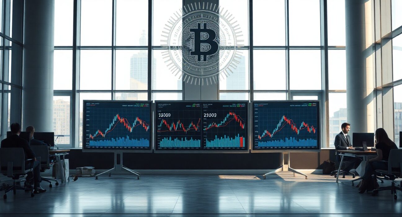 Trading screens showing Bitcoin and stablecoin charts in a modern office setting