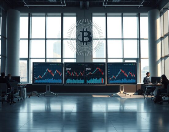 Trading screens showing Bitcoin and stablecoin charts in a modern office setting