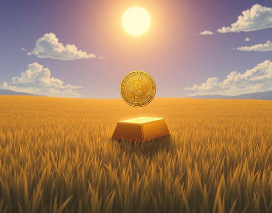 Conceptual art of Bitcoin surpassing gold as a financial asset, symbolizing a generational shift in investment.