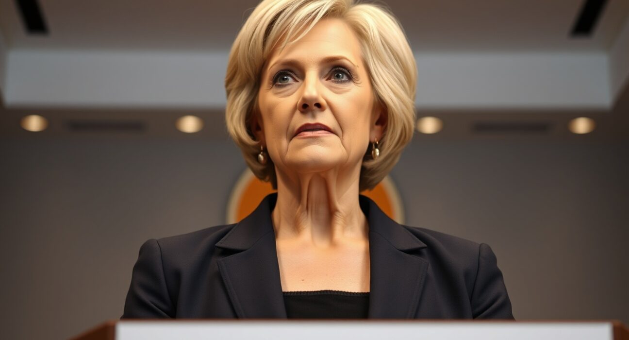 Cathie Wood speaking at a financial conference with Bitcoin logo in background