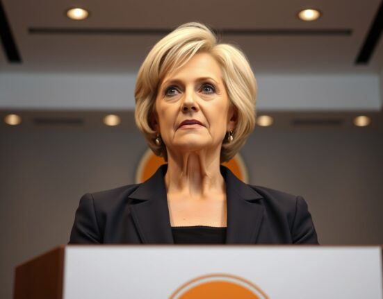 Cathie Wood speaking at a financial conference with Bitcoin logo in background