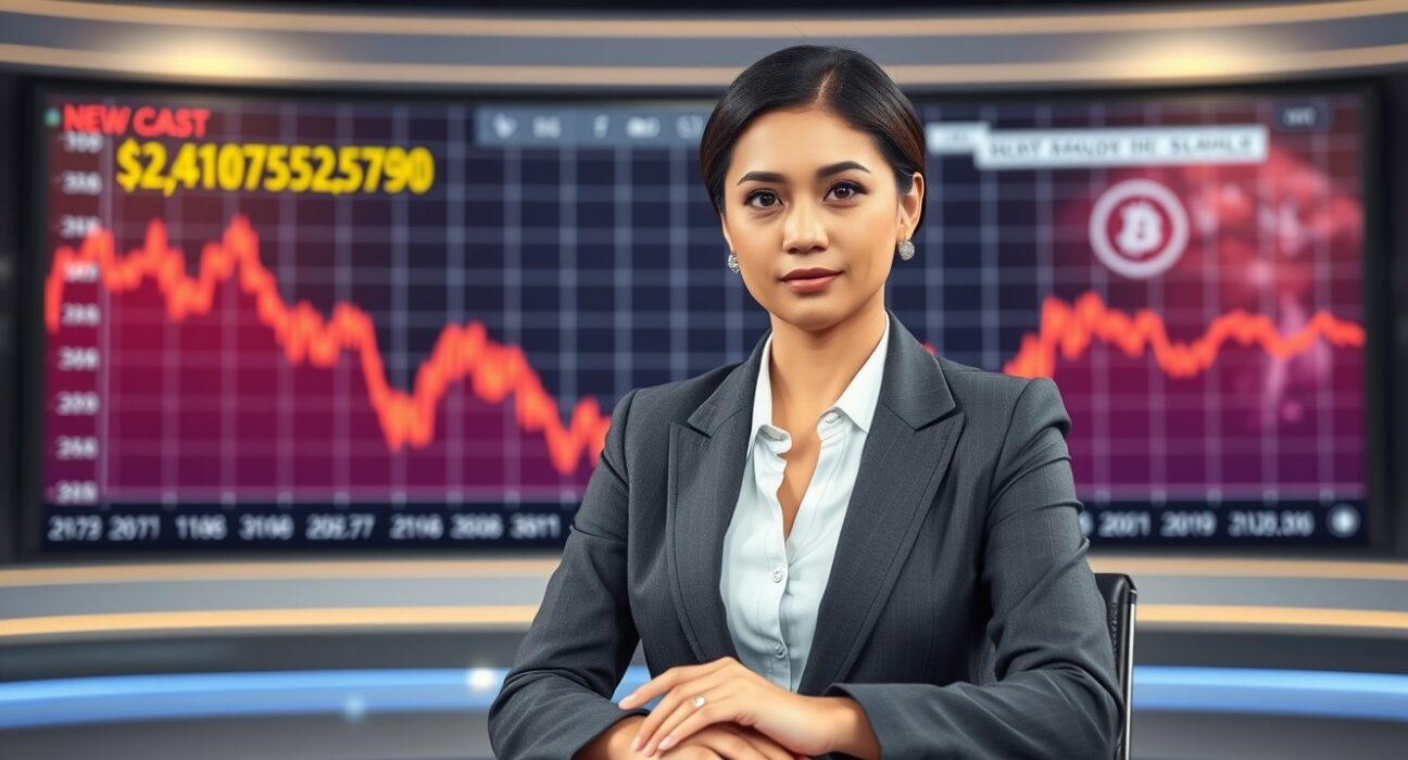 News anchor reporting on cryptocurrency market crash with downward chart in background