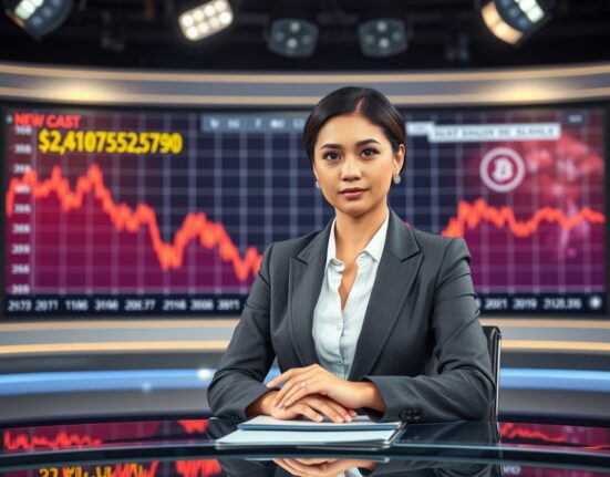 News anchor reporting on cryptocurrency market crash with downward chart in background