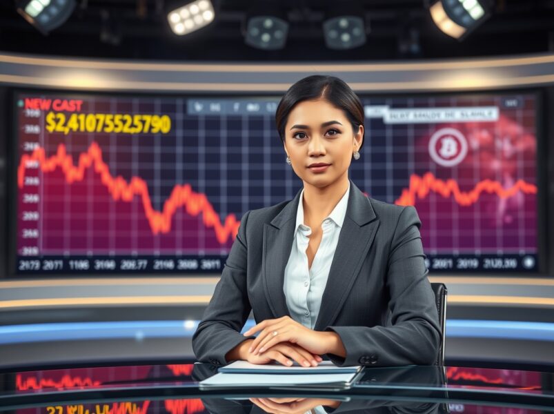 News anchor reporting on cryptocurrency market crash with downward chart in background