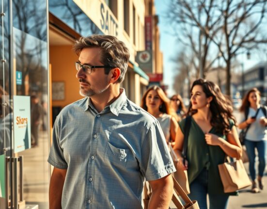 US CB Consumer Confidence edges higher to 92.8 in April, showing consumers in a bustling city street with cautious optimism.