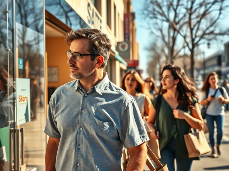 US CB Consumer Confidence edges higher to 92.8 in April, showing consumers in a bustling city street with cautious optimism.