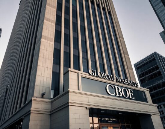 CBOE building exterior in Chicago, symbolizing the exchange's SEC filing for leveraged crypto ETFs.
