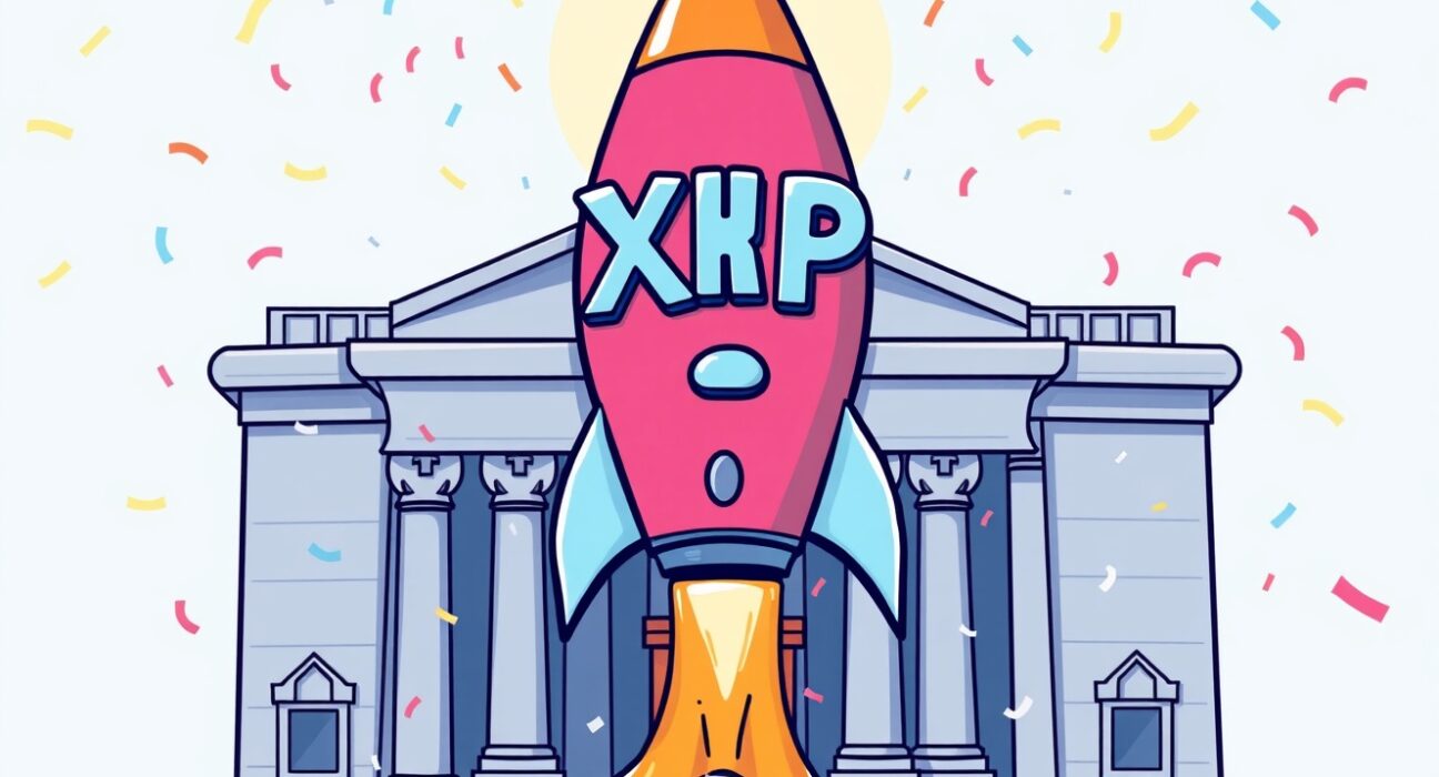 A celebratory cartoon rocket symbolizing the approved XRP ETF launching from the stock exchange.