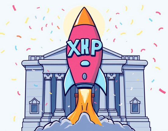 A celebratory cartoon rocket symbolizing the approved XRP ETF launching from the stock exchange.