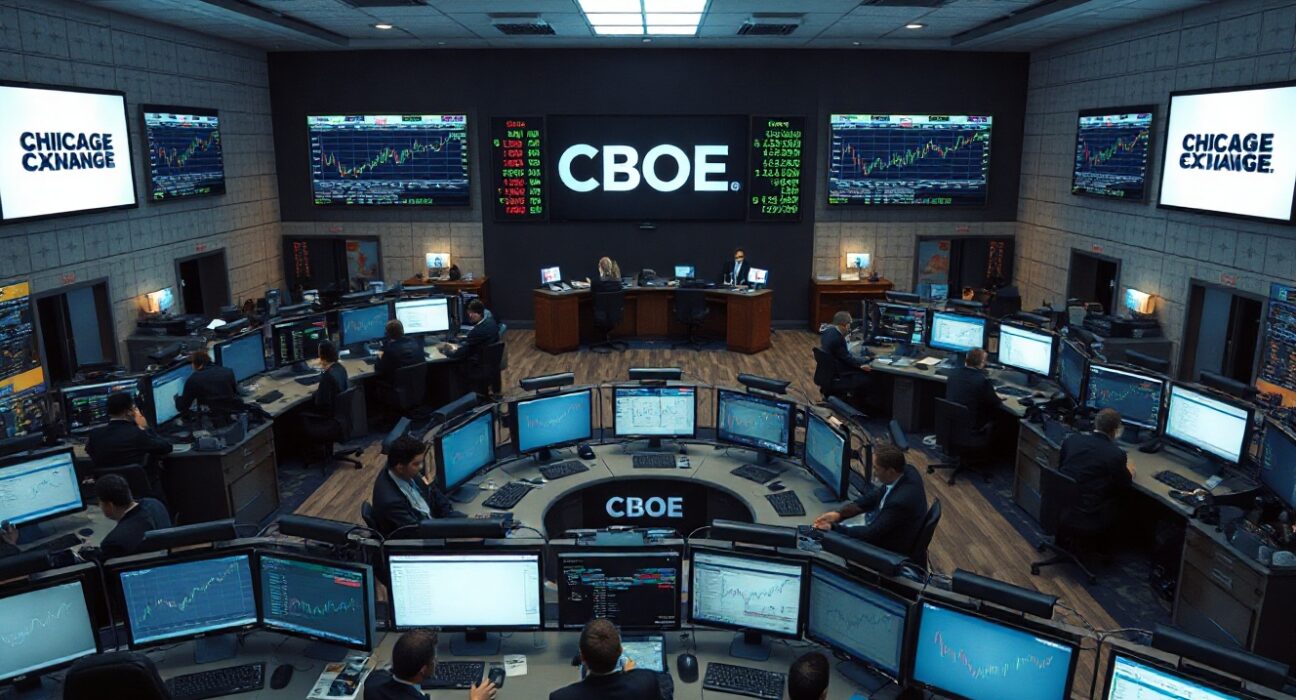 CBOE trading floor with traders monitoring digital asset futures data on screens