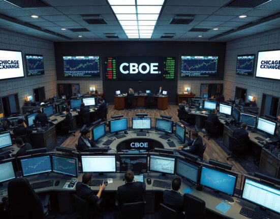 CBOE trading floor with traders monitoring digital asset futures data on screens