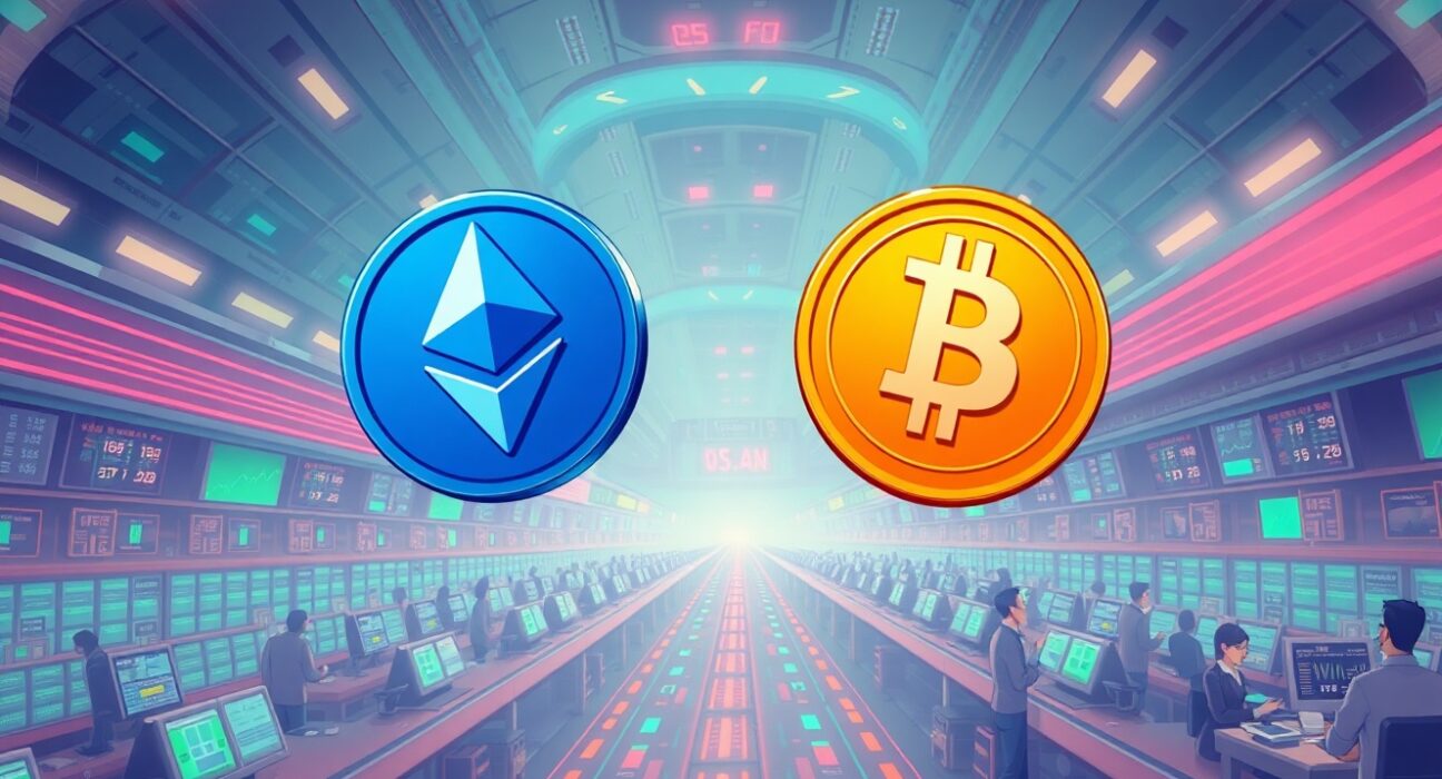 Continuous futures trading illustration showing Bitcoin and Ethereum coins in vibrant cartoon style with endless timeline concept