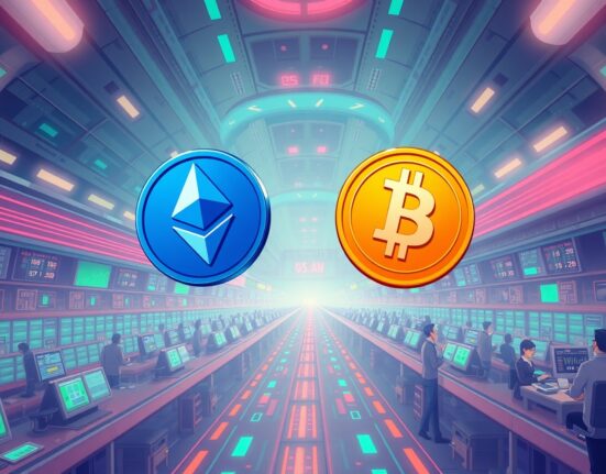 Continuous futures trading illustration showing Bitcoin and Ethereum coins in vibrant cartoon style with endless timeline concept