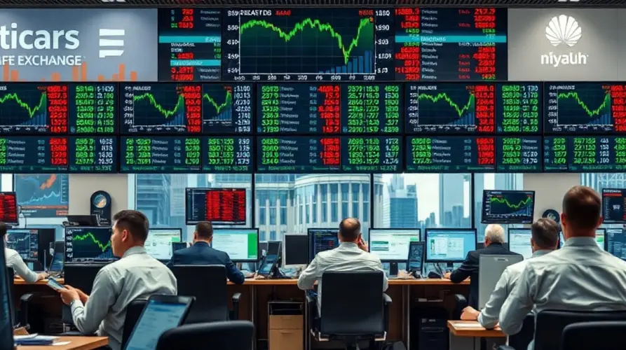 Traders at an options exchange trading floor with market charts and price tickers on screens.