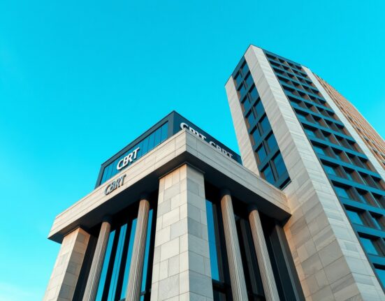 Central Bank of Turkey headquarters building representing monetary policy decisions amid geopolitical risks in 2025.