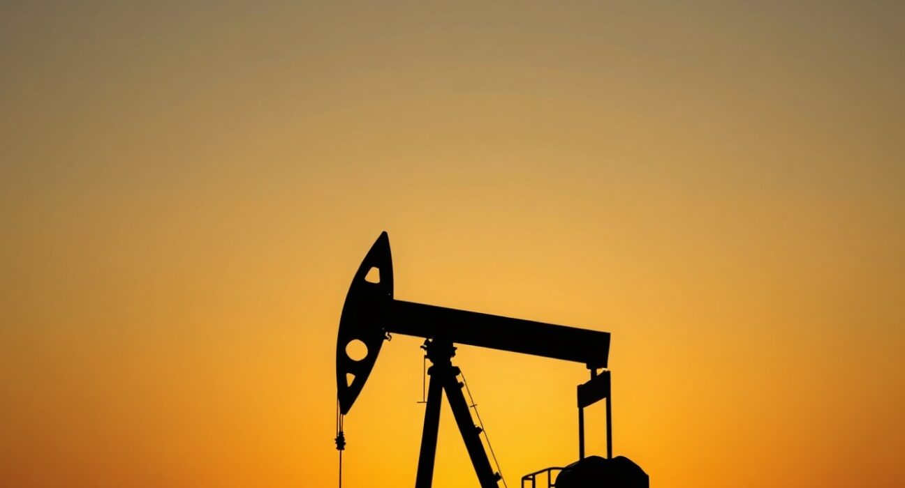 Oil pumpjack silhouette at sunset with geopolitical map overlay, representing easing oil risk from ceasefire talks.