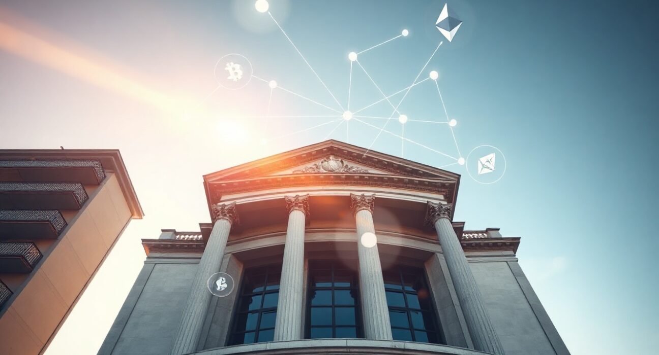 Modern bank building in Madrid with digital cryptocurrency network overlay representing institutional crypto custody services.