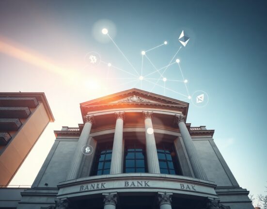 Modern bank building in Madrid with digital cryptocurrency network overlay representing institutional crypto custody services.